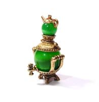 Фигурка из латуни Самовар маленький с чайничком (кошачий глаз зеленый) арт. 736-КЗ