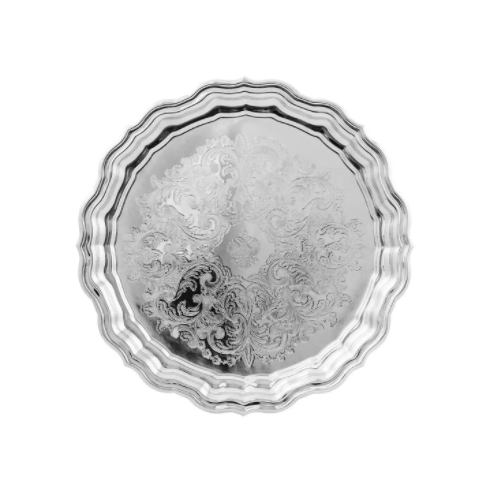 Поднос круглый с фигурным вырезом края с гравированным рисунком никелированный в футляре Артикул: С79608/8 