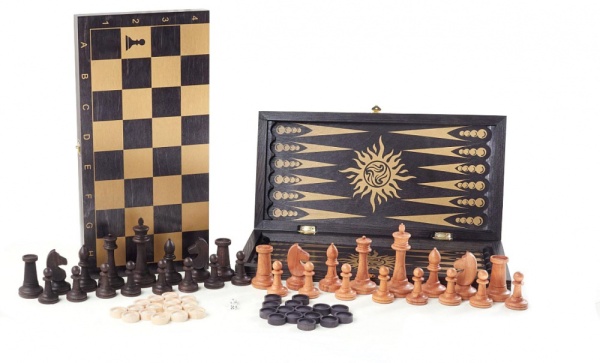 Игра 3в1 малая черная, с гроссмейстерскими буковыми шахматами (нарды, шахматы, шашки) Артикул: 393-19  