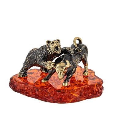Фигурка из латуни с янтарем Медведь и бык 50х30 мм. арт 2695