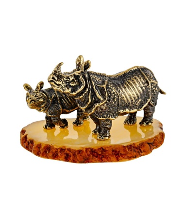 Фигурка из латуни с янтарем Носорог Отец и сын 65х45 мм. арт. 2548