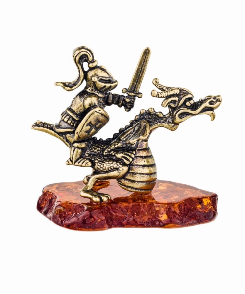 Фигурка из латуни с янтарем рыцарь Ланселот Победитель на драконе 58х48 мм. арт.  365