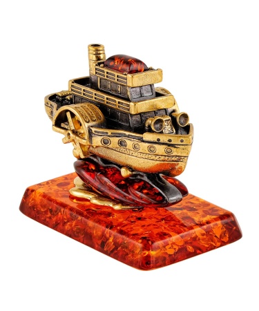 Фигурка из латуни с янтарем Корабль Пароходик 60х55 мм. арт. 2259