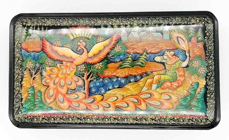 Лаковая шкатулка Палех "Птица счастья" 18х10 см. арт. 866262  Лаковая шкатулка Палех "Птица счастья" 18х10 см. арт. 866262