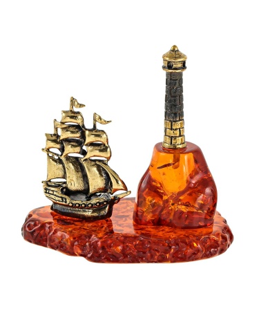 Фигурка из латуни с янтарем Корабль Маяк 55х54 мм. арт. 207