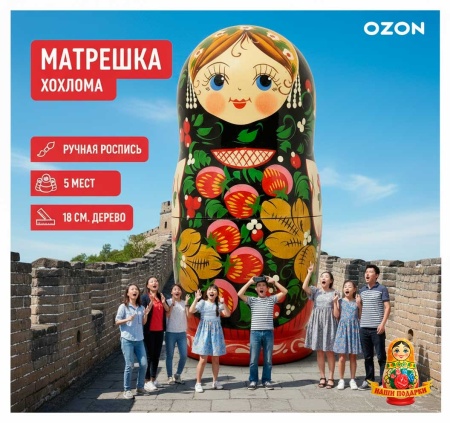 Матрешка хохлома 18 см 5 мест арт. 654338