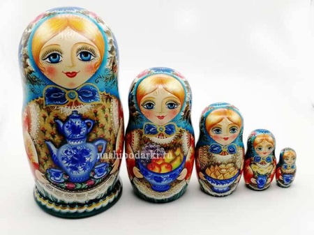 Матрешка с самоваром синяя 5 мест 18см арт. 955244  Матрешка с самоваром синяя 5 мест 18см арт. 955244