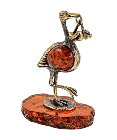 Фигурка из латуни с янтарем Птица Аист с младенцем-2 42х67 мм. арт. 319