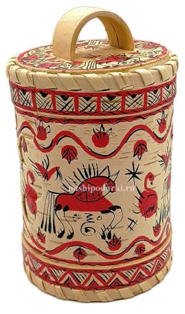 картинка Туес береста Мезенская роспись 14х8 см. арт. 547595 магазин русских сувениров  Наши подарки