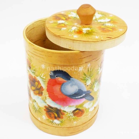 картинка Береста Туес "Птичка Снегирь" 14х10см арт. 220119130 магазин русских сувениров  Наши подарки