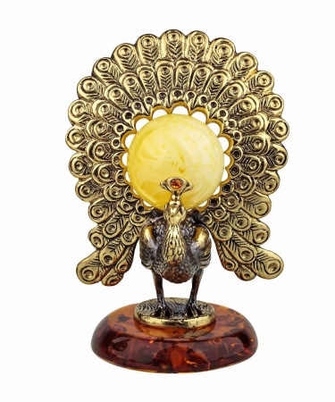 Фигурка из латуни с янтарем Птица Павлин красивый 43х68 мм. арт. 910