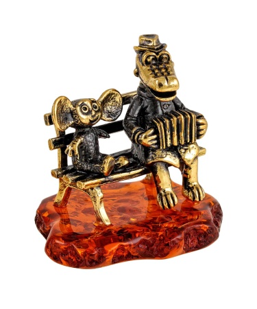 Фигурка из латуни с янтарем крокодил с другом на скамейке арт. 2144