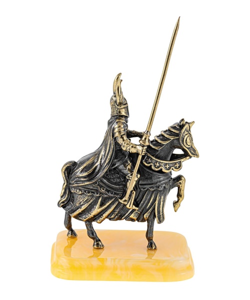 Фигурка из латуни с янтарем рыцарь на коне с копьём 65х118 мм. арт. 604