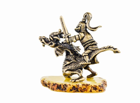 Фигурка из латуни с янтарем рыцарь Ланселот Победитель на драконе 58х48 мм. арт.  365