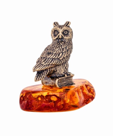 Фигурка из латуни с янтарем Птица Сова Букля 29х30 мм. арт. 644