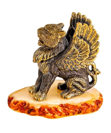 Фигурка из латуни с янтарем Грифон мифическое животное 55х55 мм. арт. 2324