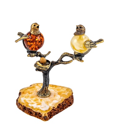 Фигурка из латуни с янтарем Птички на дереве 55х62 мм. арт. 270