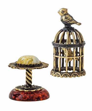 Фигурка из латуни с янтарем Птички в клетке арт. 1372