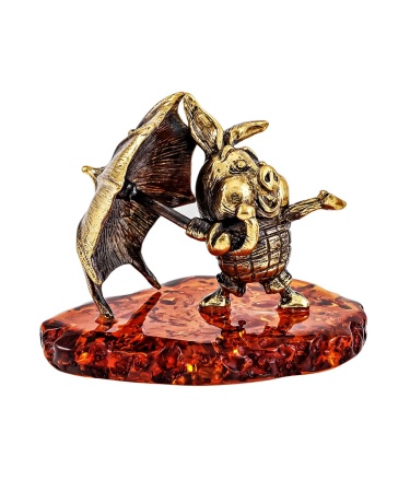 Фигурка из латуни с янтарем Поросёнок пятачок с зонтиком 50х44 мм. арт. 417