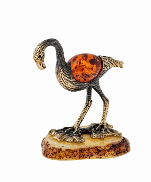 Фигурка из латуни с янтарем Птица Фламинго Мама 45х55 мм. арт. 1540
