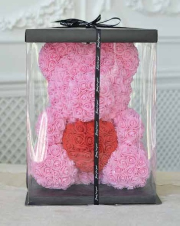 Мишка из Роз Розового цвета с красным сердцем 40 см. арт. 575322 