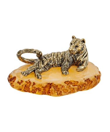 Фигурка из латуни с янтарем Тигр Саванна Лежащий 55х25 мм. арт. 2910