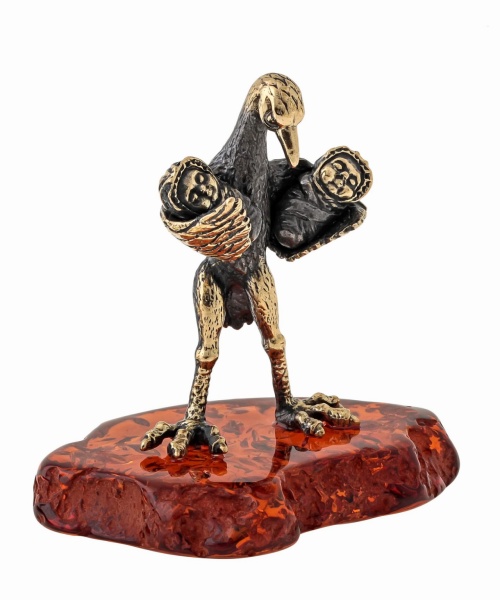 Фигурка из латуни с янтарем Птица Аист двойня 50х50 мм. арт. 1500