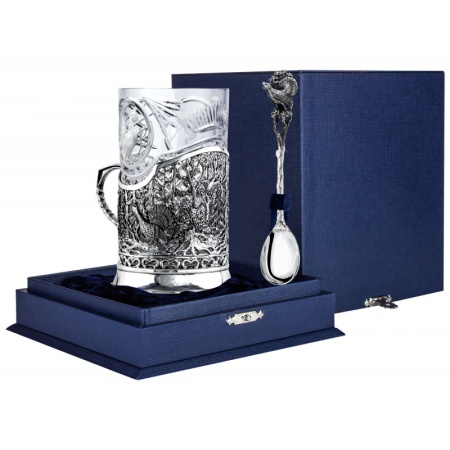 картинка Подстаканник "Глухариная охота": ложка, стакан, подстаканник (Серебро 925)  Артикул:  412НБ03801