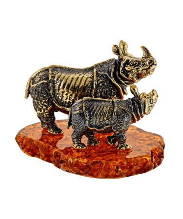 Фигурка из латуни с янтарем Носорог Отец и сын 65х45 мм. арт. 2548