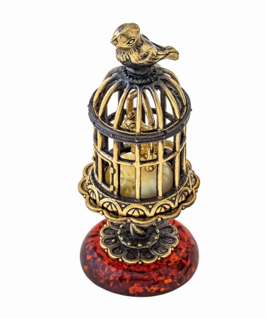 Фигурка из латуни с янтарем Птички в клетке арт. 1372