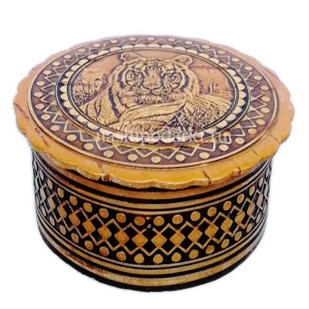 картинка Шкатулка из бересты (Лев) 6х3см арт. 622777 магазин русских сувениров  Наши подарки