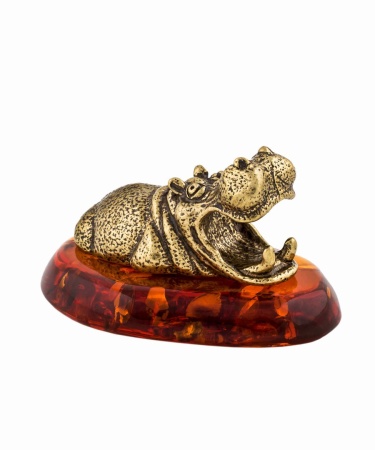 Фигурка из латуни с янтарем Бегемот Гиппопотам 45х27 мм. арт. 154