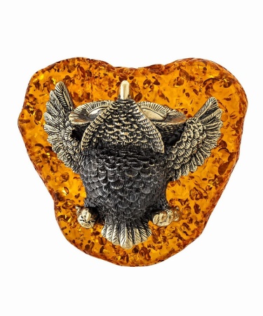 Фигурка из латуни с янтарем Птица Сова лежащая 85х45 мм. арт. 1352