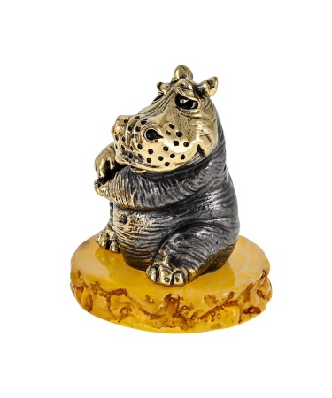 Фигурка из латуни с янтарем Бегемотик Няша 30х40 мм. арт. 2656