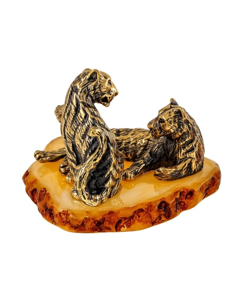 Фигурка из латуни с янтарем Тигр с тигрицей 50х40 мм. арт. 2152