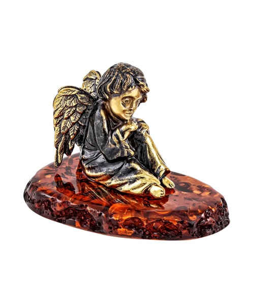 Фигурка из латуни с янтарем Ангел грустный 40х30 мм. арт. 292