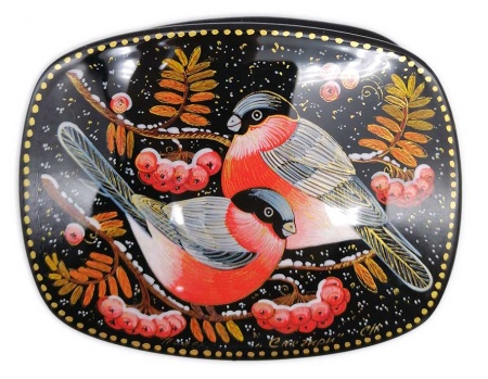 Шкатулка Палех "Снегири" 10х8 см. арт. 7657624 