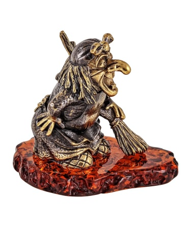 Фигурка из латуни с янтарем Баба Яга с метлой 55х50 мм. арт. 1946