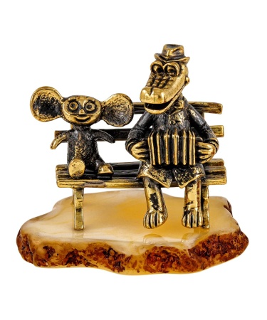 Фигурка из латуни с янтарем крокодил с другом на скамейке арт. 2144