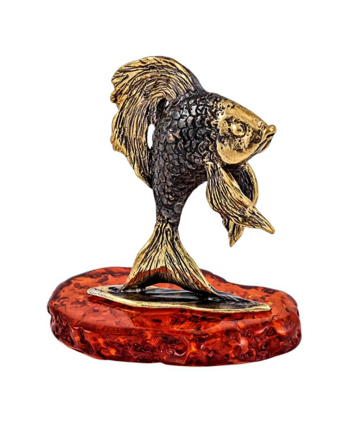 Фигурка из латуни с янтарем Рыбка Золотая 45х53 мм. арт. 263