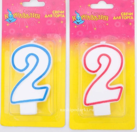 Свеча восковая для торта "Цветной ободок" цифра 2, цвета МИКС арт. 403512