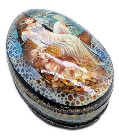 Шкатулка авторская лаковая "Сказки Пушкина - морская раковина" 18-11 см. арт. 63622