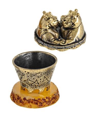 Фигурка из латуни с янтарем Лошадь Бегемоты Романтик шкатулка 45х55 мм. арт. 2806