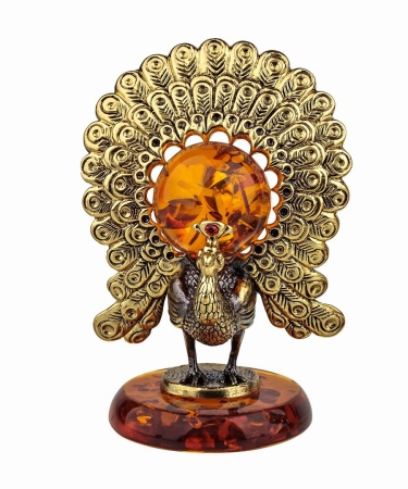 Фигурка из латуни с янтарем Птица Павлин красивый 43х68 мм. арт. 910