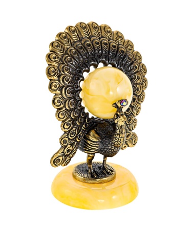 Фигурка из латуни с янтарем Птица Павлин красивый 43х68 мм. арт. 910