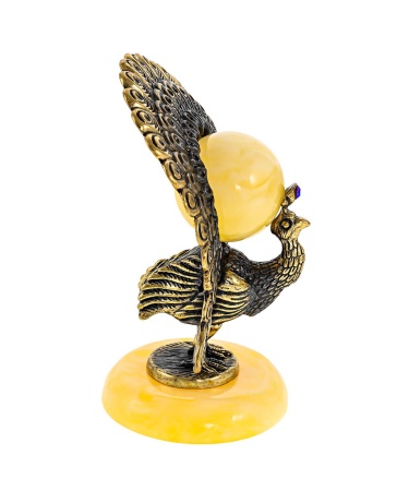 Фигурка из латуни с янтарем Птица Павлин красивый 43х68 мм. арт. 910
