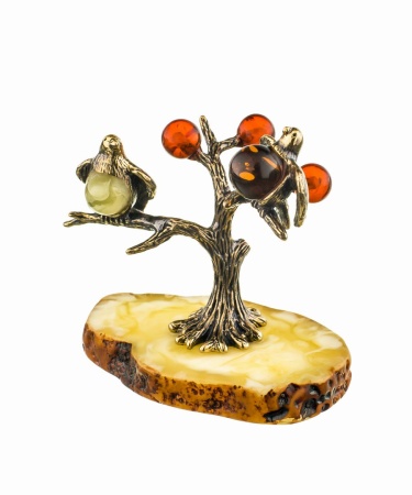 Фигурка из латуни с янтарем Птички Синички на дереве 50х45 мм.арт. 554