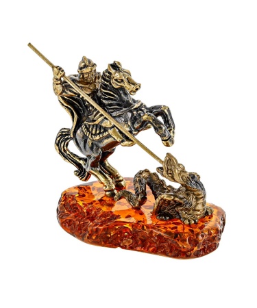 Фигурка из латуни с янтарем Георгий Победоносец 2  50х45 мм. арт. 2384