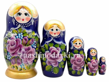 Матрешка синяя "Цветы" 5 мест 18 см. арт. 875126692