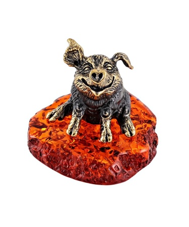 Фигурка из латуни с янтарем Поросенок Хрю 45х35 мм. арт. 2044